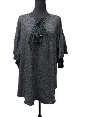 Umgee Gray Criss-Cross Tie Top | Size M/L | Flowy Short Sleeve | Casual Chic